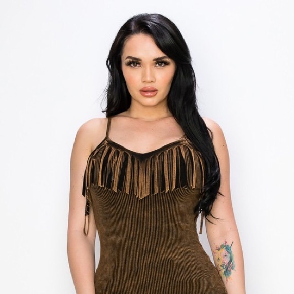 T-Party Fringe Front Cami Tank Top! Mineral Washed Brown - Picture 7 of 8